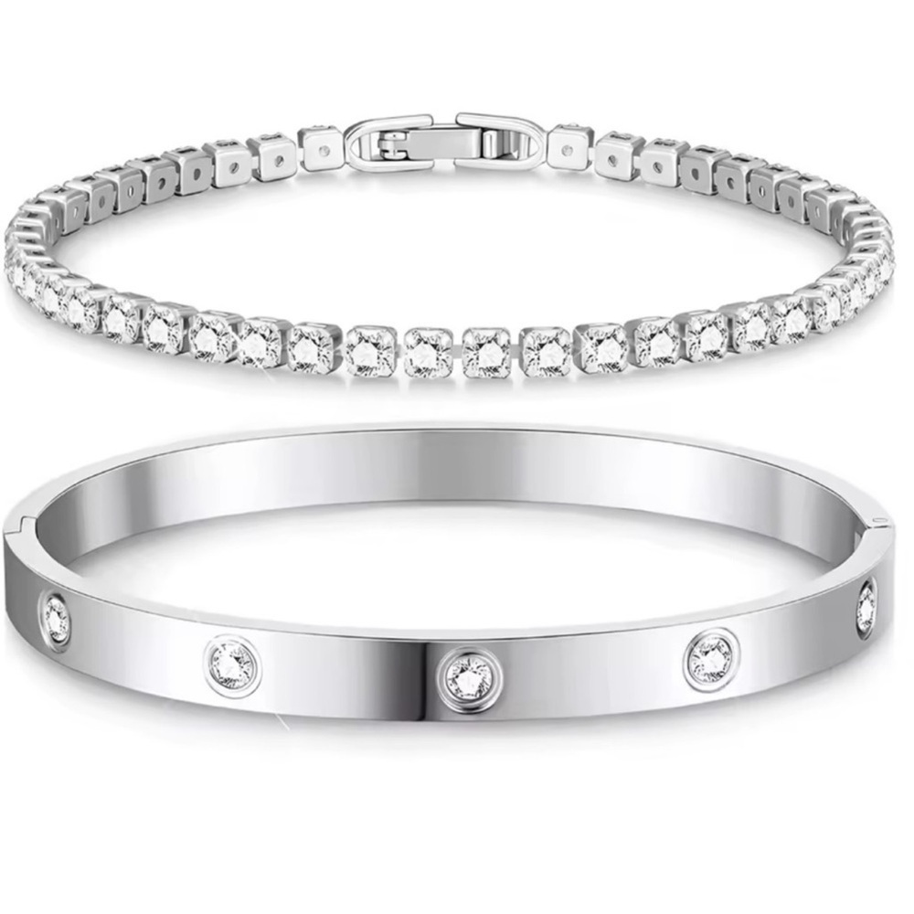 Crystal Tennis & Bangle Duo Silver Bracelet Set